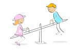 Boy and Girl on Seesaw in Hand-drawn Style